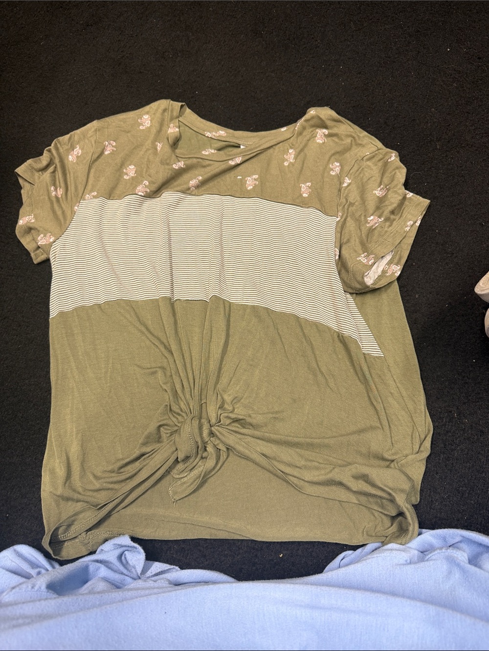 Belle Du Jour Olive Knot-Front Tee with Striped Panel and Floral Sleeves